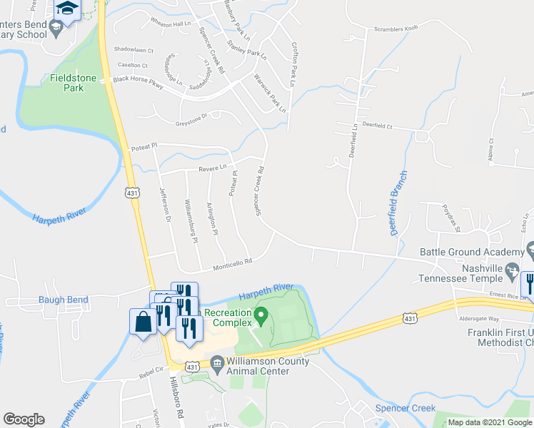map of restaurants, bars, coffee shops, grocery stores, and more near 244 Spencer Creek Road in Franklin