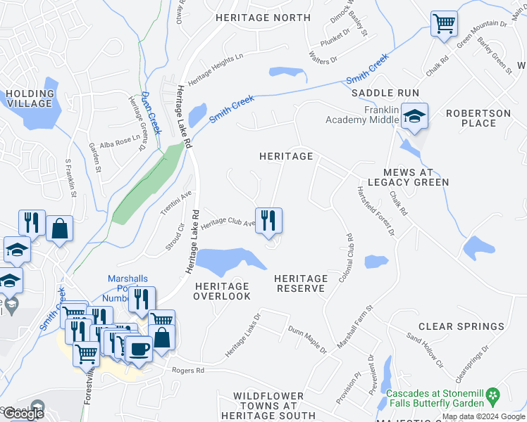 map of restaurants, bars, coffee shops, grocery stores, and more near 1301 Heritage Club Avenue in Wake Forest
