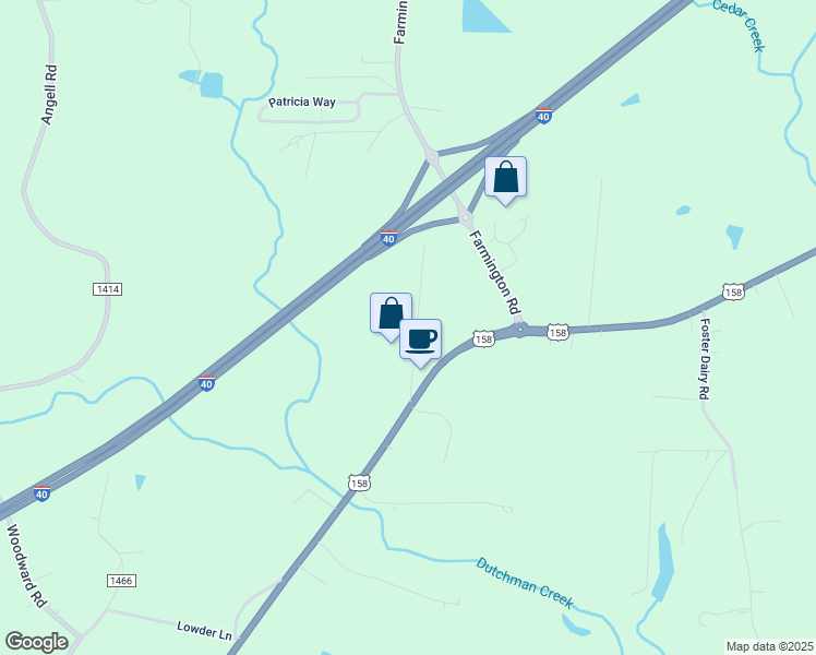 map of restaurants, bars, coffee shops, grocery stores, and more near 175 Buck Miller Road in Mocksville
