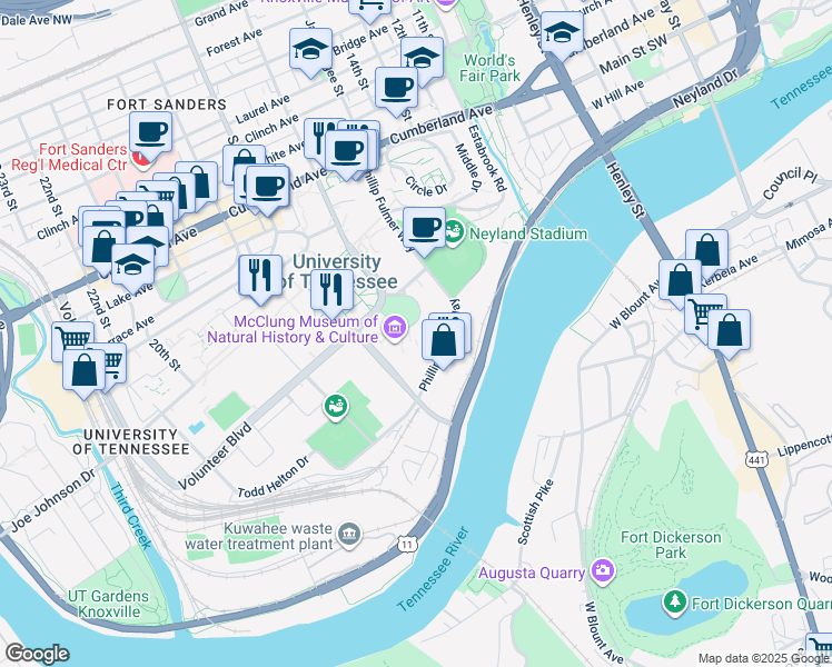 map of restaurants, bars, coffee shops, grocery stores, and more near 1331 Circle Park Drive in Knoxville