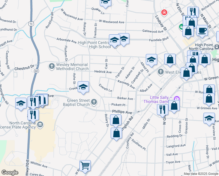 map of restaurants, bars, coffee shops, grocery stores, and more near 501 Everett Lane in High Point
