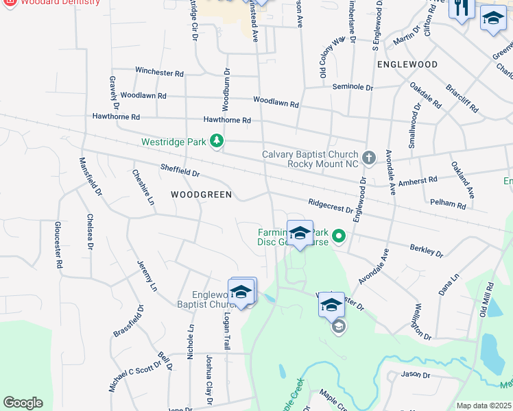 map of restaurants, bars, coffee shops, grocery stores, and more near 3309 Sheffield Drive in Rocky Mount