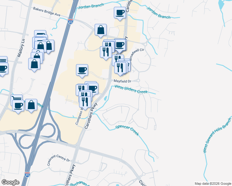 map of restaurants, bars, coffee shops, grocery stores, and more near 14108 Crowne Brook Circle in Franklin