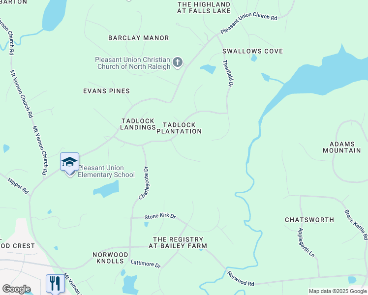 map of restaurants, bars, coffee shops, grocery stores, and more near 6108 Weobley Lane in Raleigh