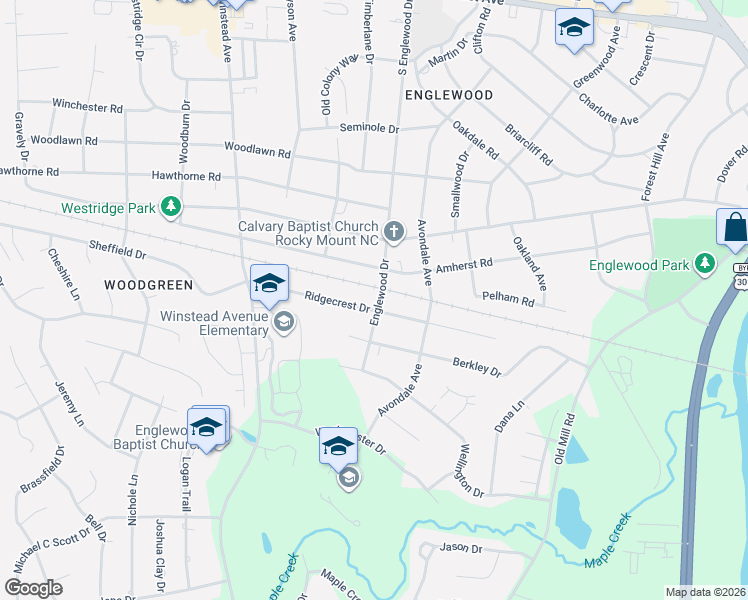 map of restaurants, bars, coffee shops, grocery stores, and more near 3020-3098 Ridgecrest Drive in Rocky Mount