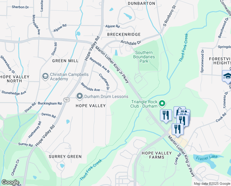 map of restaurants, bars, coffee shops, grocery stores, and more near 411 Reynolds Avenue in Durham