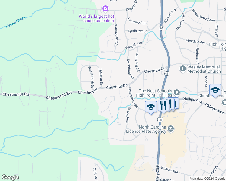 map of restaurants, bars, coffee shops, grocery stores, and more near 1717 Chestnut Drive in High Point