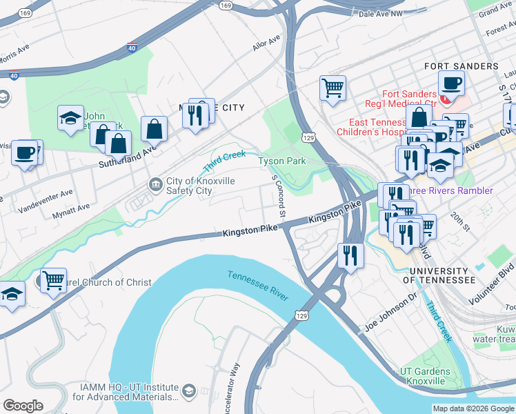 map of restaurants, bars, coffee shops, grocery stores, and more near 2743 Kingston Pike in Knoxville