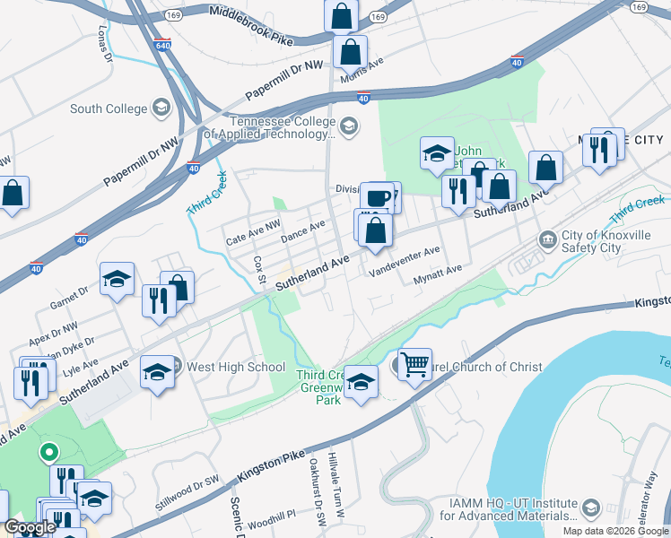 map of restaurants, bars, coffee shops, grocery stores, and more near 410 Harry Street in Knoxville