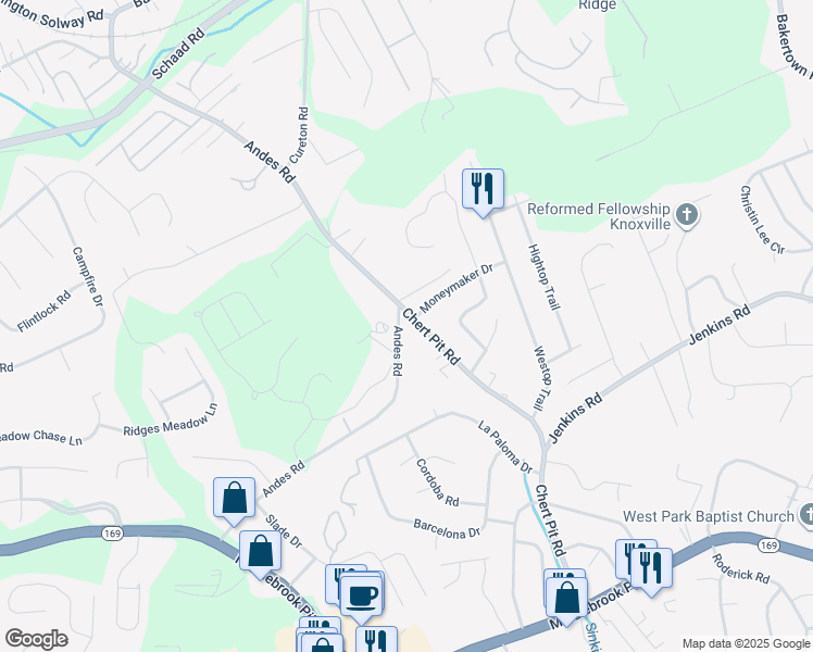 map of restaurants, bars, coffee shops, grocery stores, and more near 1515 Chert Pit Road in Knoxville