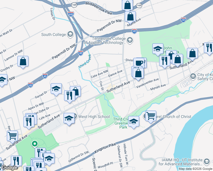 map of restaurants, bars, coffee shops, grocery stores, and more near 3730 Reagan Avenue Northwest in Knoxville