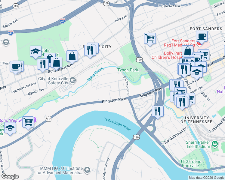 map of restaurants, bars, coffee shops, grocery stores, and more near 2743 Kingston Pike in Knoxville