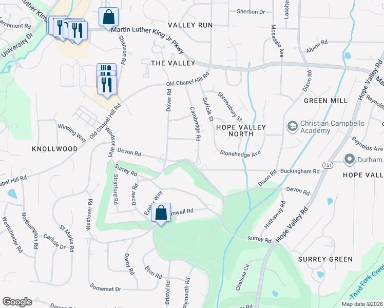 map of restaurants, bars, coffee shops, grocery stores, and more near 3126 Devon Road in Durham