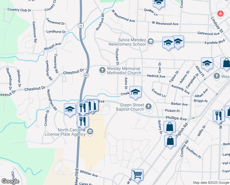 map of restaurants, bars, coffee shops, grocery stores, and more near 501 Florham Drive in High Point