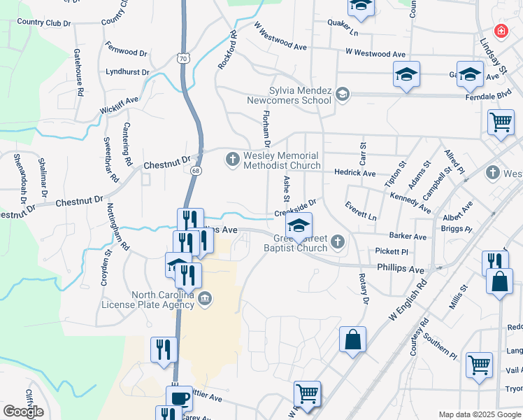 map of restaurants, bars, coffee shops, grocery stores, and more near 501 Florham Drive in High Point