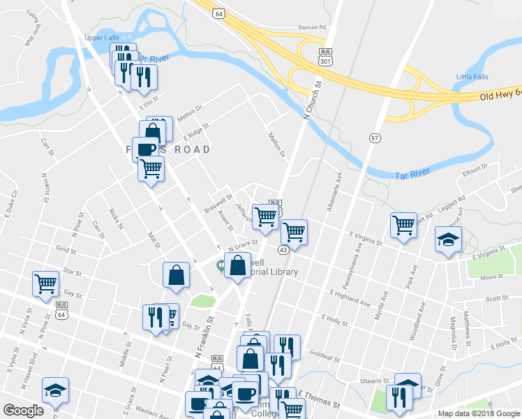 map of restaurants, bars, coffee shops, grocery stores, and more near 221 West Virginia Street in Rocky Mount