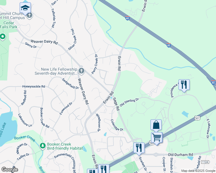 map of restaurants, bars, coffee shops, grocery stores, and more near 107 Covington Drive in Chapel Hill