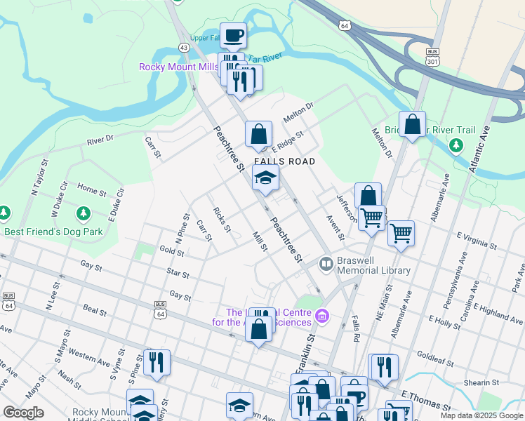 map of restaurants, bars, coffee shops, grocery stores, and more near 722 Peachtree Street in Rocky Mount