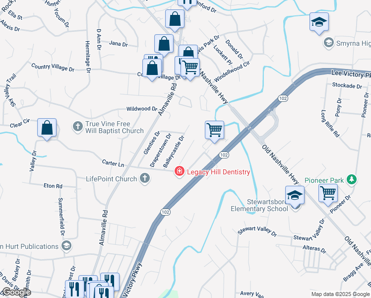 map of restaurants, bars, coffee shops, grocery stores, and more near 915 Turlough Court in Smyrna