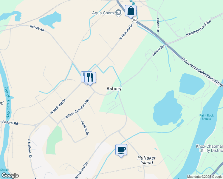 map of restaurants, bars, coffee shops, grocery stores, and more near 2820 Asbury Road in Knoxville