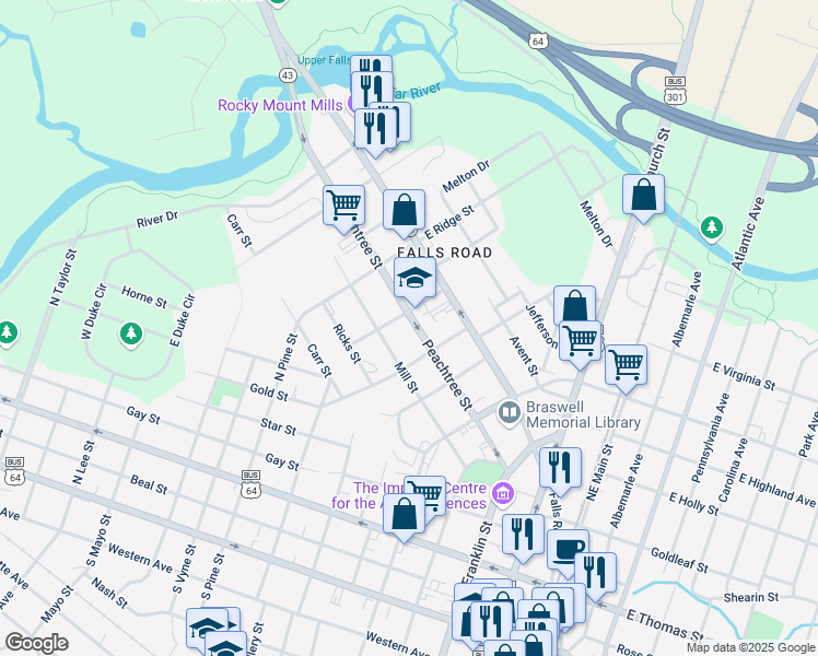 map of restaurants, bars, coffee shops, grocery stores, and more near 724 Peachtree Street in Rocky Mount