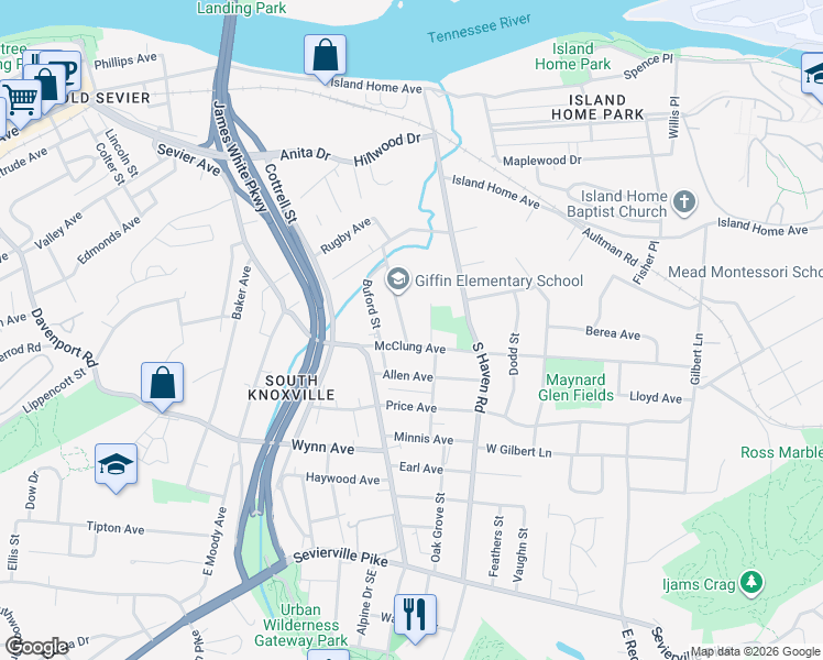 map of restaurants, bars, coffee shops, grocery stores, and more near 1737 McClung Avenue in Knoxville
