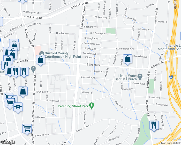 map of restaurants, bars, coffee shops, grocery stores, and more near 1300 Pershing Street in High Point