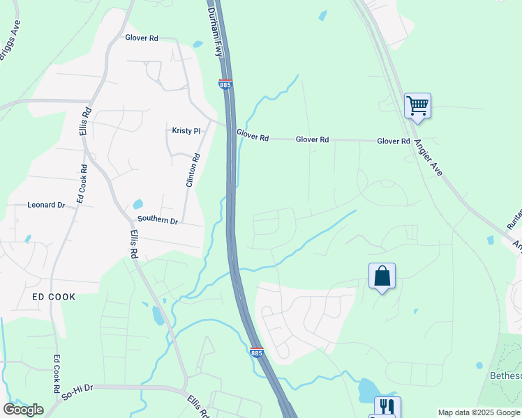 map of restaurants, bars, coffee shops, grocery stores, and more near Durham Freeway in Durham