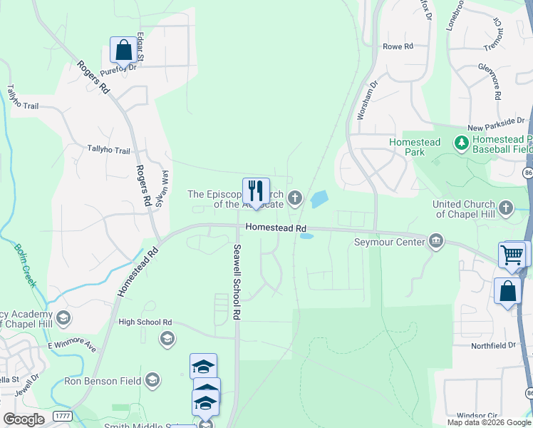 map of restaurants, bars, coffee shops, grocery stores, and more near 231 Abbot Place in Chapel Hill