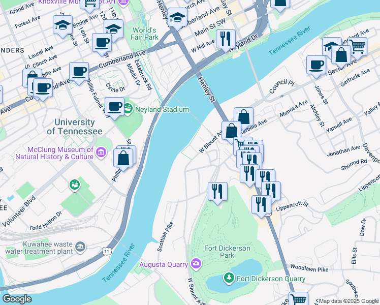 map of restaurants, bars, coffee shops, grocery stores, and more near 239 Hawthorne Avenue in Knoxville