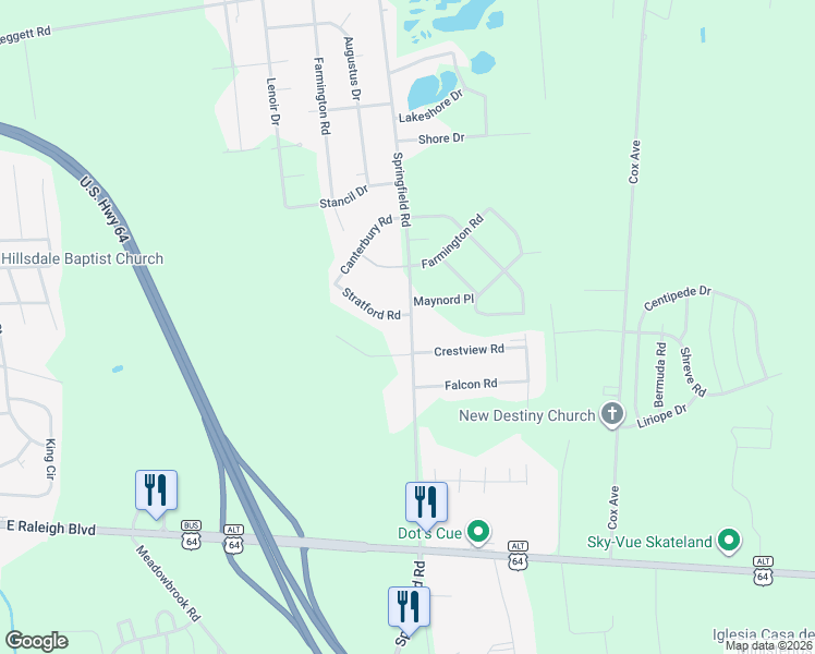 map of restaurants, bars, coffee shops, grocery stores, and more near 1310 Springfield Road in Rocky Mount