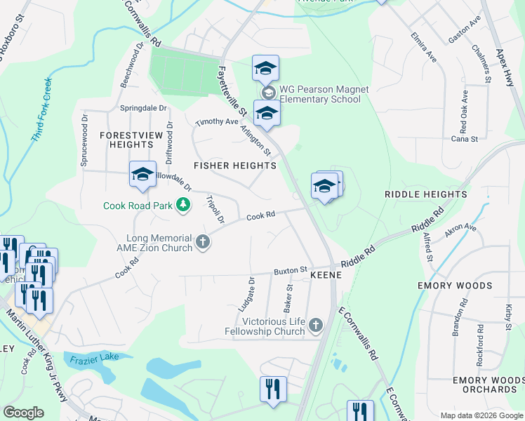 map of restaurants, bars, coffee shops, grocery stores, and more near 211 Cook Road in Durham