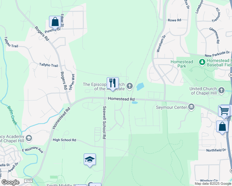 map of restaurants, bars, coffee shops, grocery stores, and more near 223 Abbot Place in Chapel Hill