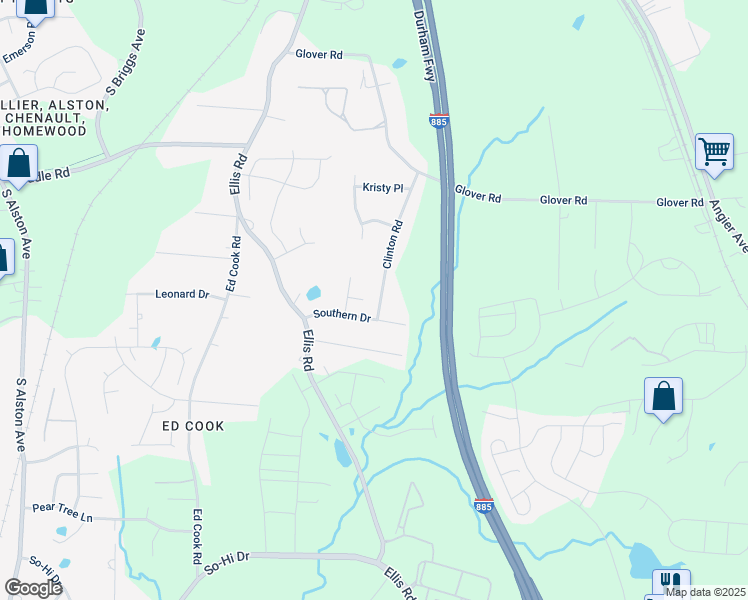 map of restaurants, bars, coffee shops, grocery stores, and more near 1336 Clinton Road in Durham