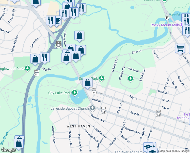 map of restaurants, bars, coffee shops, grocery stores, and more near 1550 River Drive in Rocky Mount