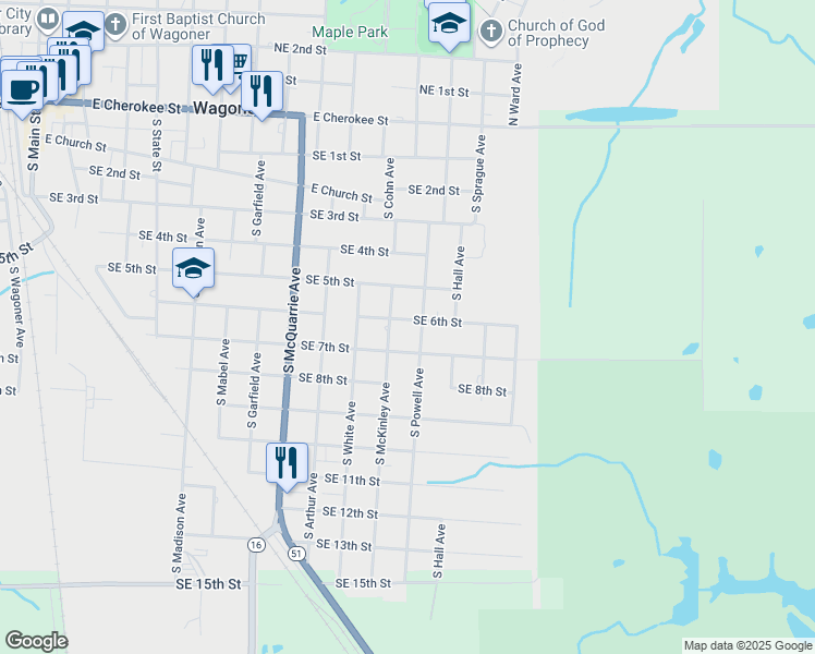map of restaurants, bars, coffee shops, grocery stores, and more near 1205 Southeast 7th Street in Wagoner