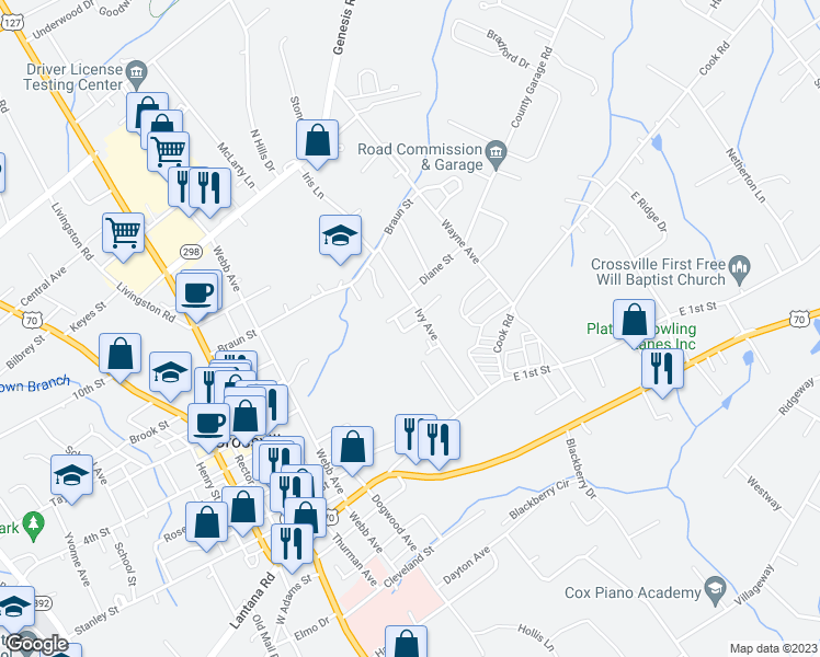 map of restaurants, bars, coffee shops, grocery stores, and more near Donna Lane in Crossville