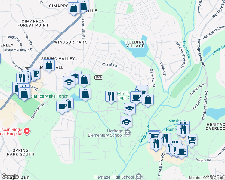map of restaurants, bars, coffee shops, grocery stores, and more near 3319 Heritage Trade Drive in Wake Forest