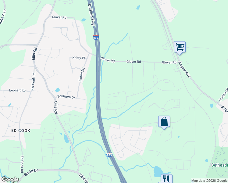 map of restaurants, bars, coffee shops, grocery stores, and more near Durham Freeway in Durham