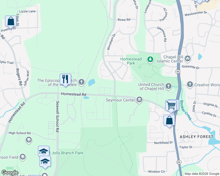 map of restaurants, bars, coffee shops, grocery stores, and more near 112 Rialto Street in Chapel Hill