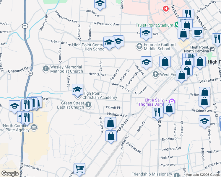 map of restaurants, bars, coffee shops, grocery stores, and more near 1210 Adams Street in High Point