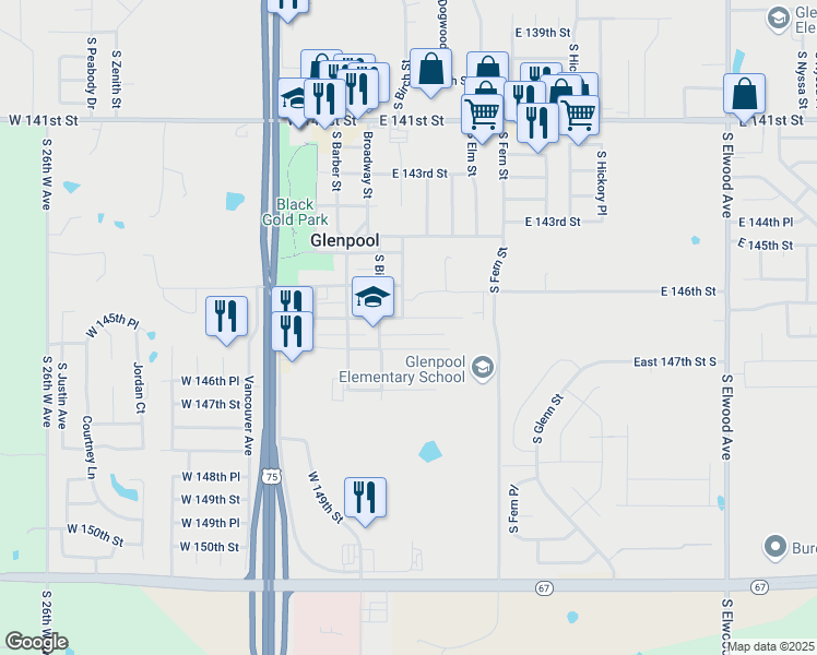 map of restaurants, bars, coffee shops, grocery stores, and more near 245 East 148th Street in Glenpool