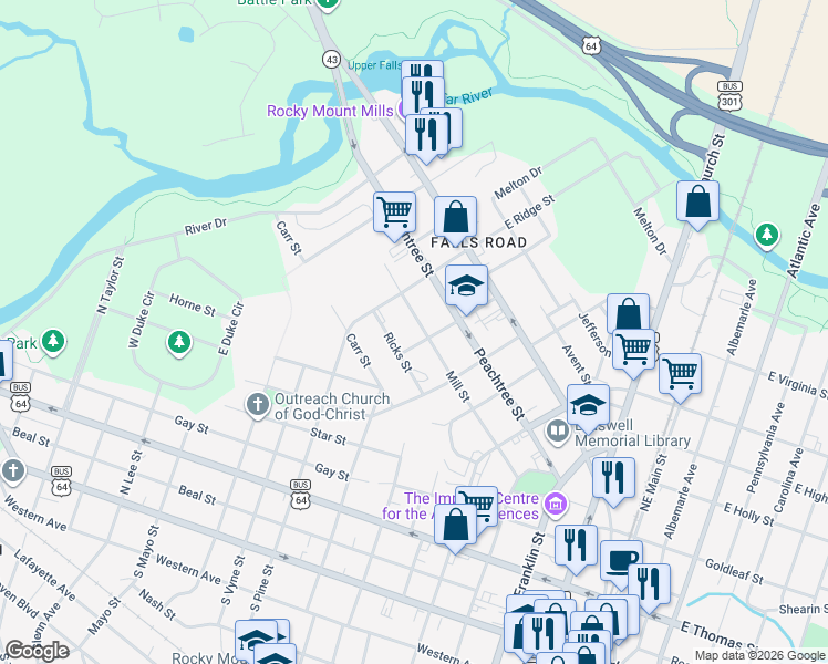 map of restaurants, bars, coffee shops, grocery stores, and more near 315 Trevathan Street in Rocky Mount