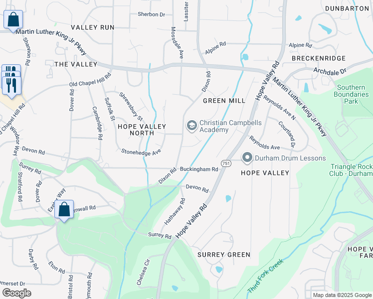 map of restaurants, bars, coffee shops, grocery stores, and more near 815 Brookhaven Drive in Durham