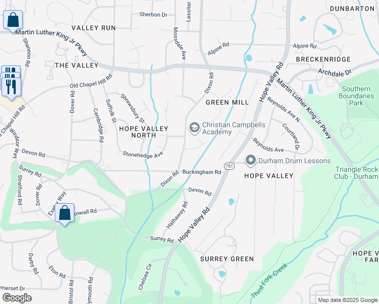map of restaurants, bars, coffee shops, grocery stores, and more near 815 Brookhaven Drive in Durham