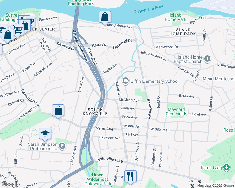 map of restaurants, bars, coffee shops, grocery stores, and more near 1865 Buford Street in Knoxville