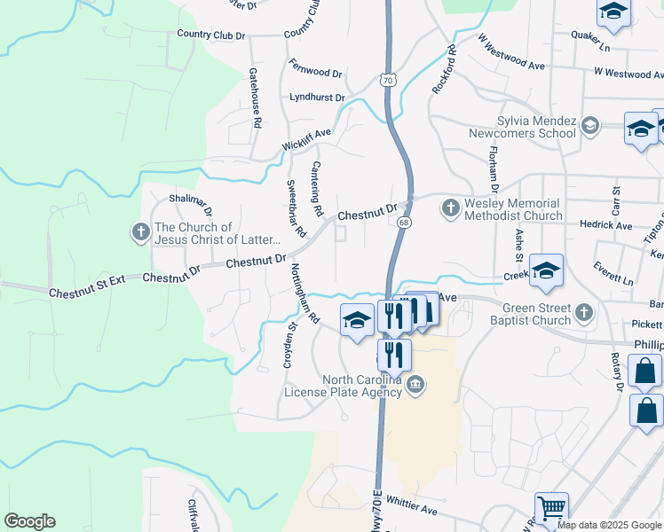 map of restaurants, bars, coffee shops, grocery stores, and more near 1415 Chestnut Drive in High Point