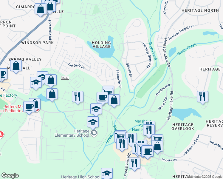 map of restaurants, bars, coffee shops, grocery stores, and more near 1725 Thicketon Circle in Wake Forest