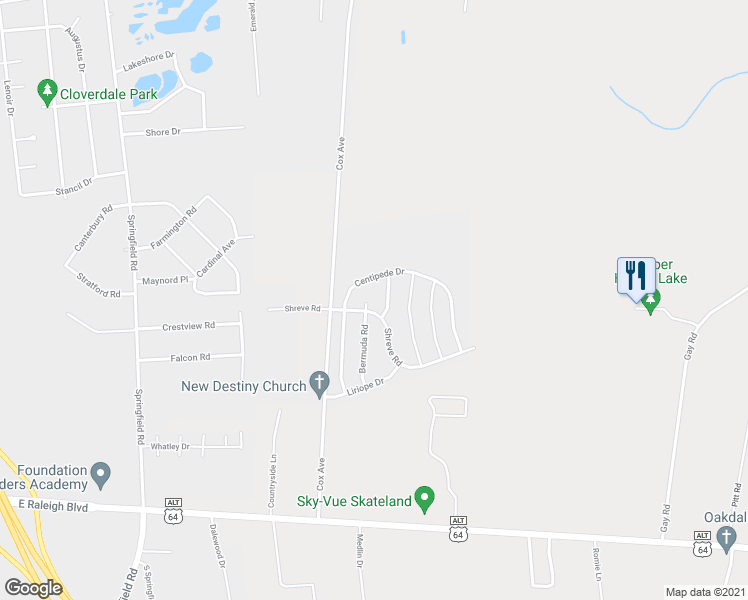 map of restaurants, bars, coffee shops, grocery stores, and more near 2405 Shreve Rd in Rocky Mt