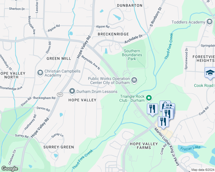 map of restaurants, bars, coffee shops, grocery stores, and more near 2 Austin Court in Durham